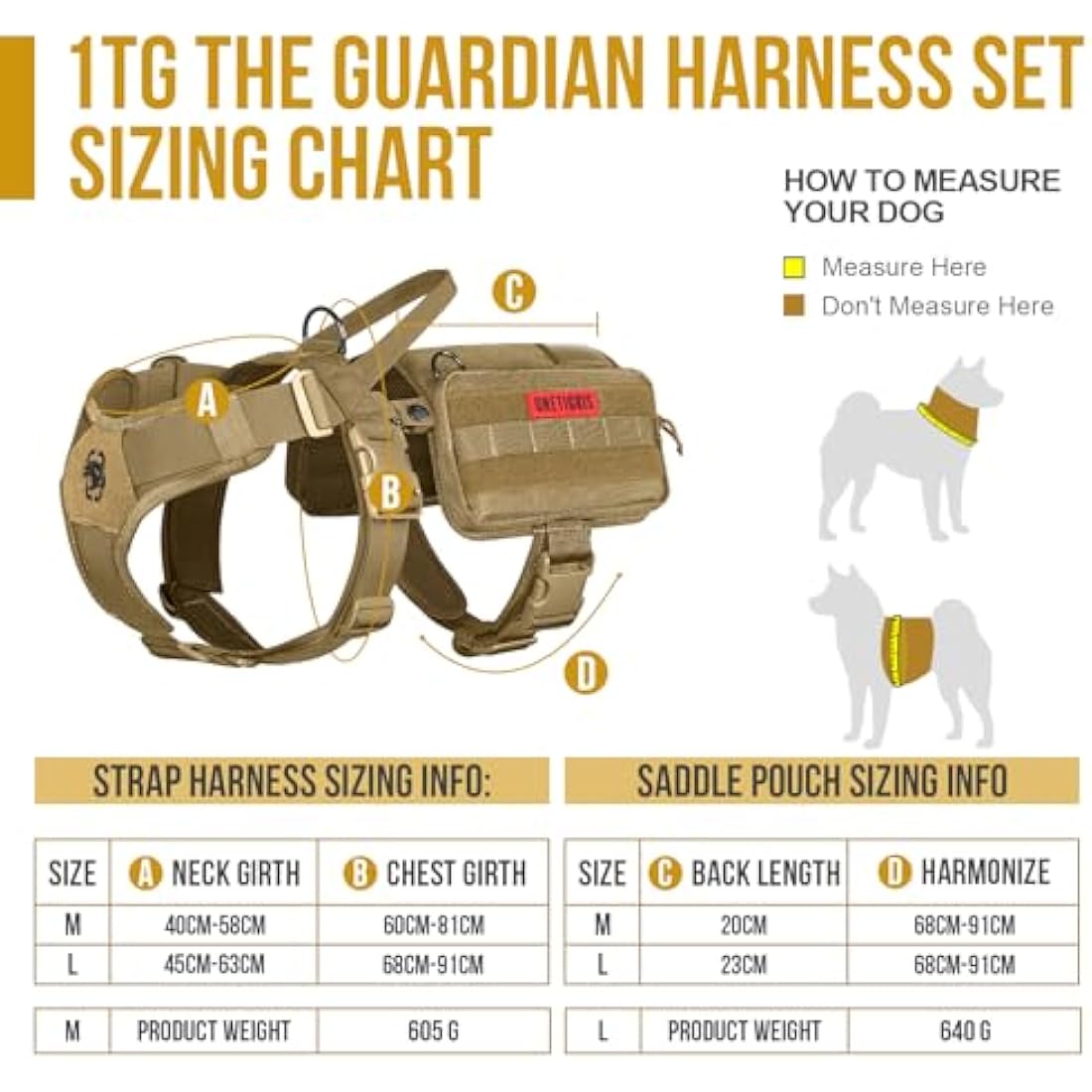 OneTigris Service Dog Vest Harness, Service Dog Cape Guardian Dog Molle Backpack with Pouches for Medium and Large Dogs (Brwon, L)