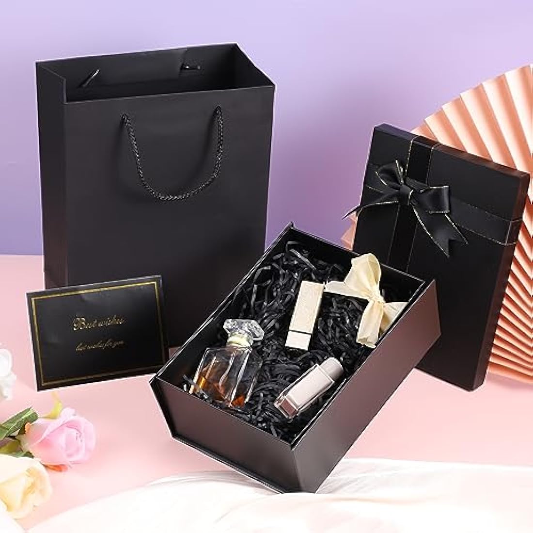 Black Gift Box, Luxury Gift Boxes with Lids Ribbon Greeting Card Shredded Paper and Paper Gift Bag Jewellery Gift Boxes for Valentines Day Presents Birthdays Wedding Anniversaries(22 * 16 * 8.5cm)