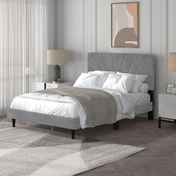 Galano Rhea Upholstered Double Bed Frame with Headboard ? Grey Polyester Fabric ? Solid Wood Slats for Mattress Support, Modern Platform Bed, Easy