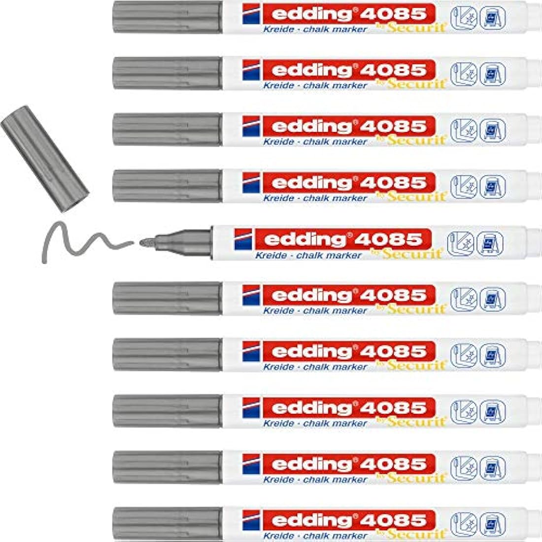 edding 4085 chalk marker - silver - 10 chalk pens - round tip 1-2 mm - fine-tipped wet wipe pen for chalkboards, windows, glass, mirrors - liquid chalk marker pens for opaque coverage