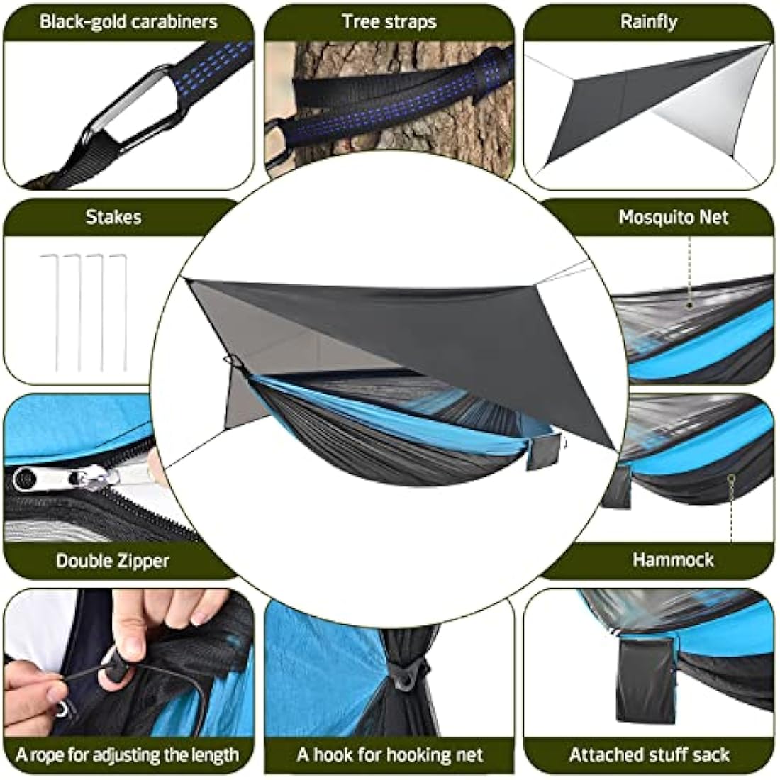 OTraki Camping Hammock with Mosquito Net and Rain Fly Tarp Single Nylon Portable Travel Hammock with Tree Straps 200kg Load Capacity Outdoor Hammock for Hiking Backpacking Garden (Blue Grey)
