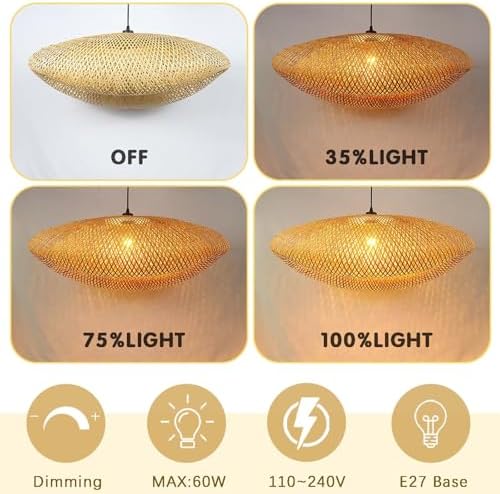 Schindora Retro Rattan Lampshade,80Cm Pendant Light Handwoven Hat Pendant Lighting Ceiling Creativity Boho Lampshade for Restaurant Tea Room Bedroom Living Room Cafe,E27