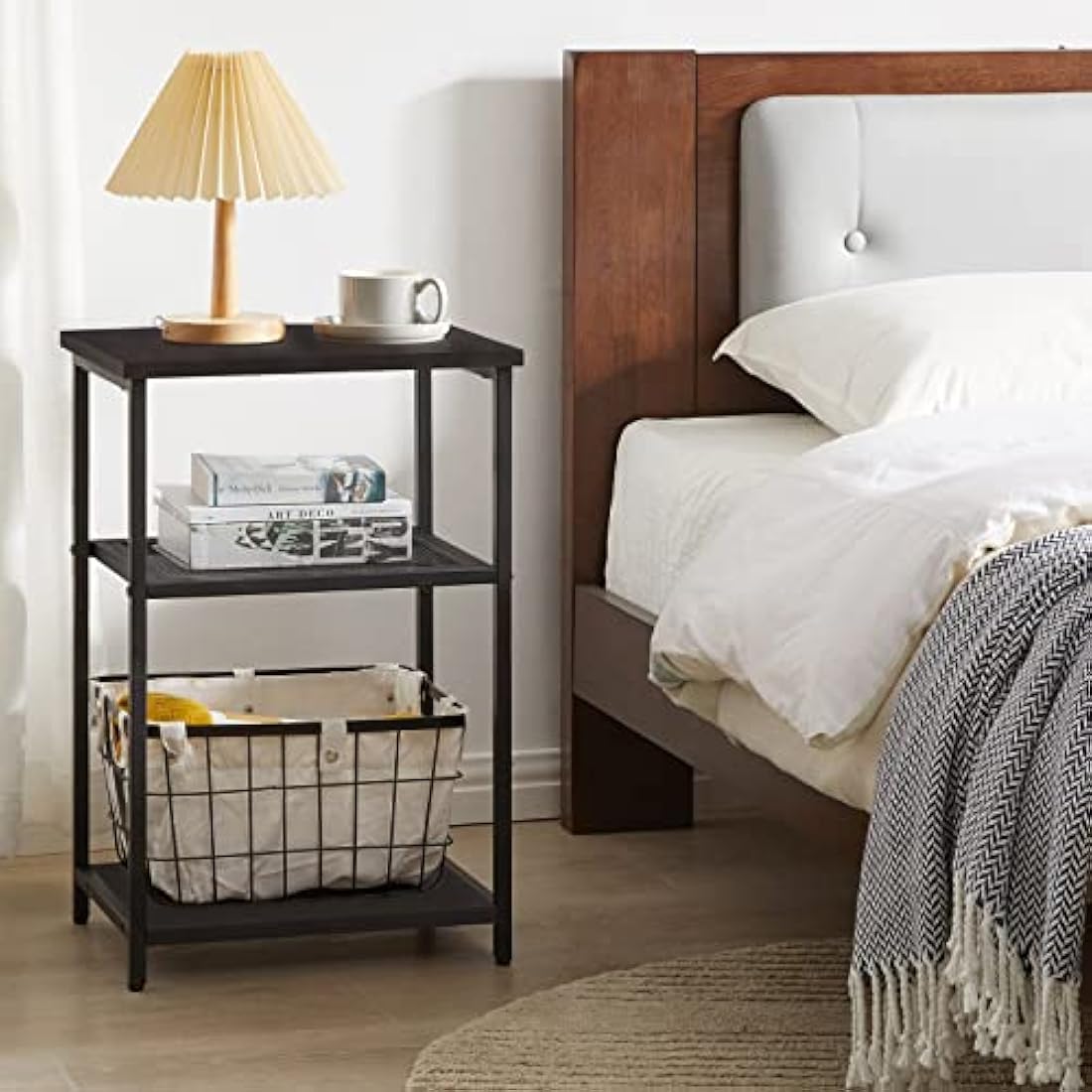 IBUYKE Side Table, 3-Tier End Table, Industrial Nightstand Small Table with Storage Shelf, Bedside Table for Bedroom, Living Room, Hallway, with Metal Frame, Black TMJ403B
