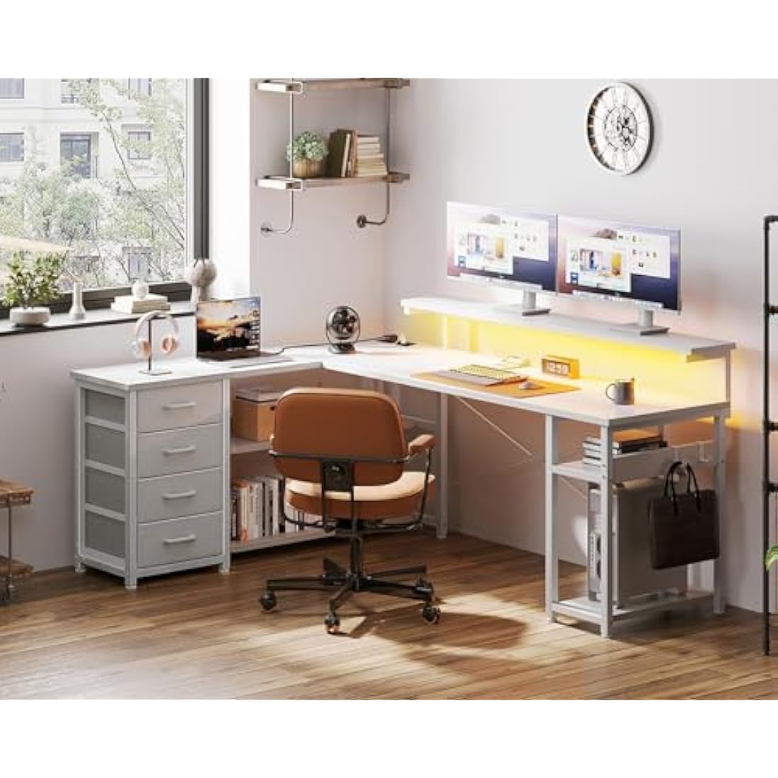 ODK Corner Desk with Drawers, L Shaped Gaming Desk with LED Lights & Power Outlets, Reversible Computer Desks for Home Office Workstation, Office Desks with Monitor Shelf, 135×110 cm, White