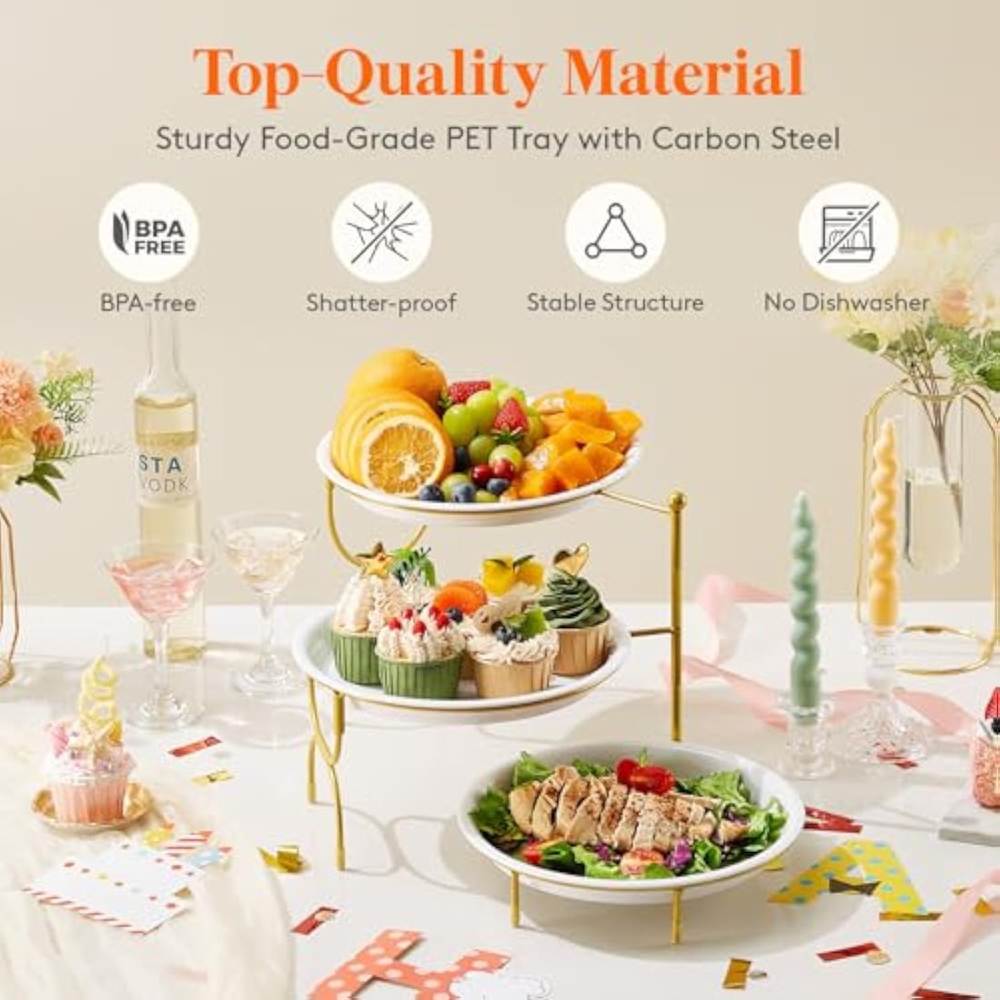 Lifewit 3 Tier Serving Tray, Round Plastic Server Platters, White Reusable Food Trays with Display Stand for Buffets, Cupcake, Snack, Veggie, Fruit, Cookies, Dessert, Dishes, Party Supplies