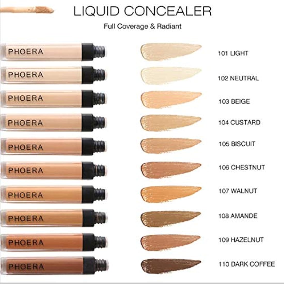Phoera Full‑Coverage Matte Liquid Concealer – Waterproof, Oil‑Free Camouflage for Dark Circles, Acne Scars & Under‑Eye (110 - Dark Coffee)