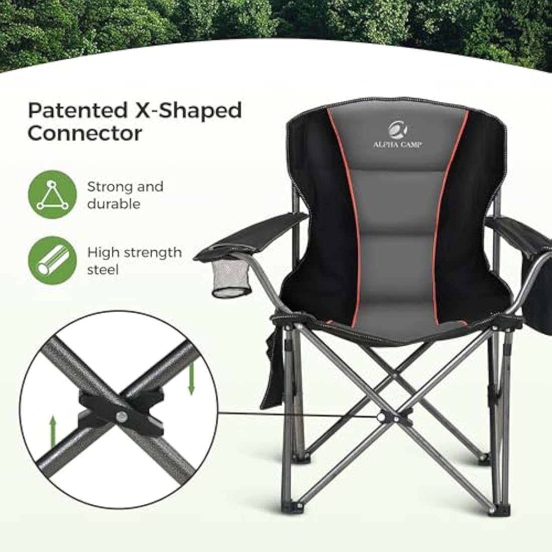 LET'S CAMP Folding Camping Chair Oversized Heavy Duty Padded Outdoor Chair with Cup Holder Storage and Cooler Bag, 450 LBS Weight Capacity, Thicken 600D Oxford Stoff, Set of 2