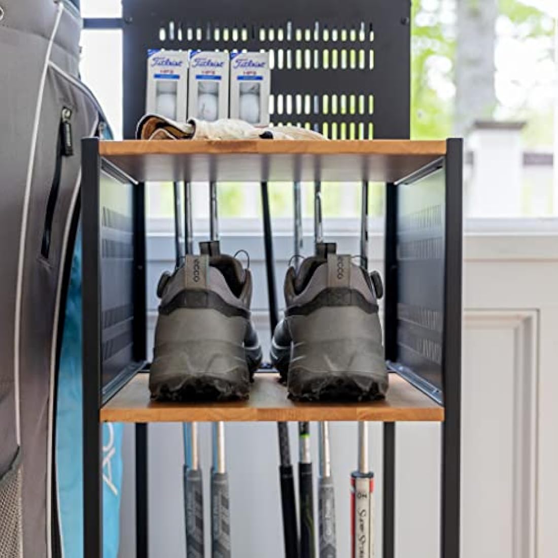 Teal Triangle Freestanding Golf Club Organizer, Stylish Heavy Duty Garage Storage Floor Stand, Holds Golf Bags Shoes Clubs Balls and More