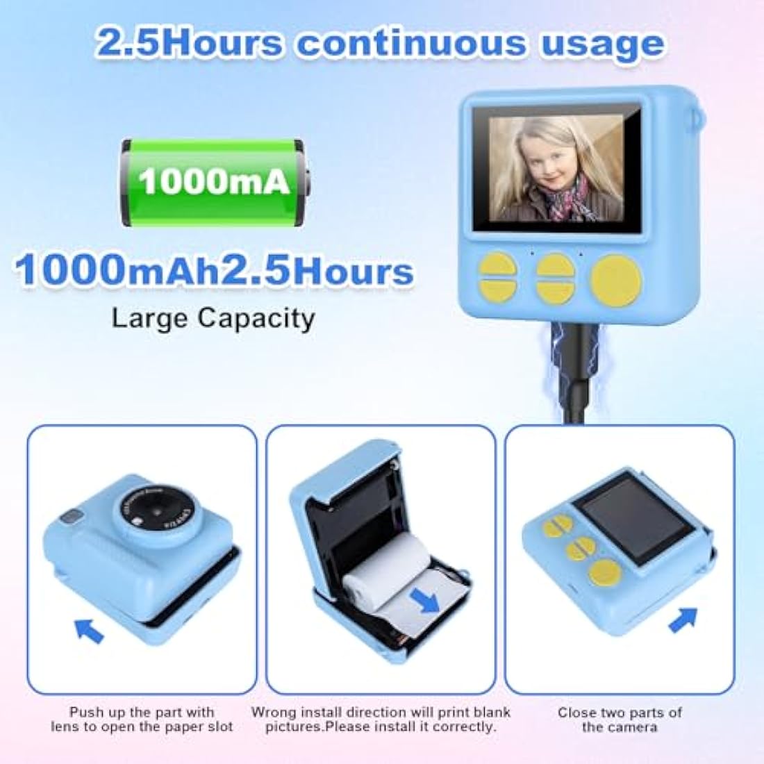 NICEWIN Kids Instant Camera for Girls and Boys, 1080P HD Digital Print Camera with Photo Paper, Fun Birthday Gift Toy for Children (Blue)