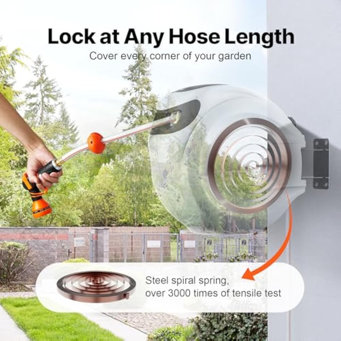 VEVOR Retractable Garden Hose Reel, 1/2" x 131.23 ft Wall Mounted Hose Reel, Heavy Duty Garden with 9 Patterns Nozzle, Any Length Lock, Auto-Rewind Slow Return System and 180°Swivel Bracket