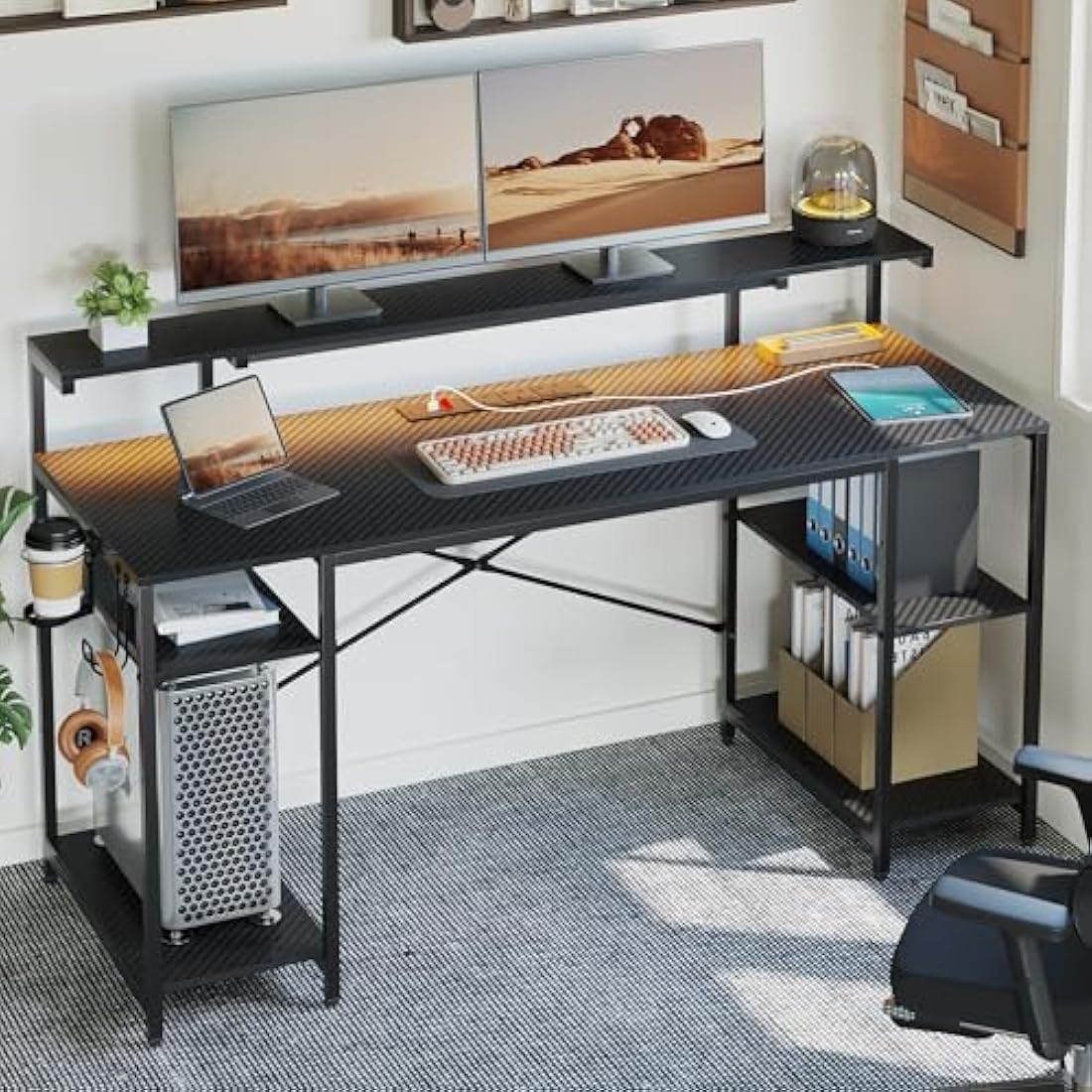 Bestier 140 CM Computer Desk with Power Outlets & LED Lights with Monitor Shelf Gaming Desk with Shelves Writing Desk with Storage Office Desk &Workstation for Home Office Bedroom