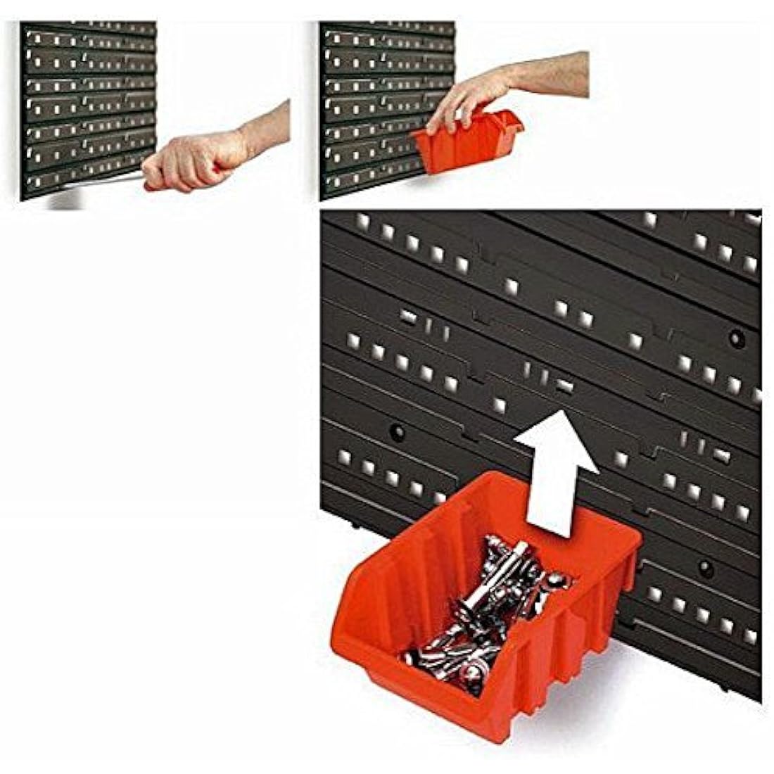 Set of 50 XS and 40 S size IN-Box storage bins and wall mounted louvre