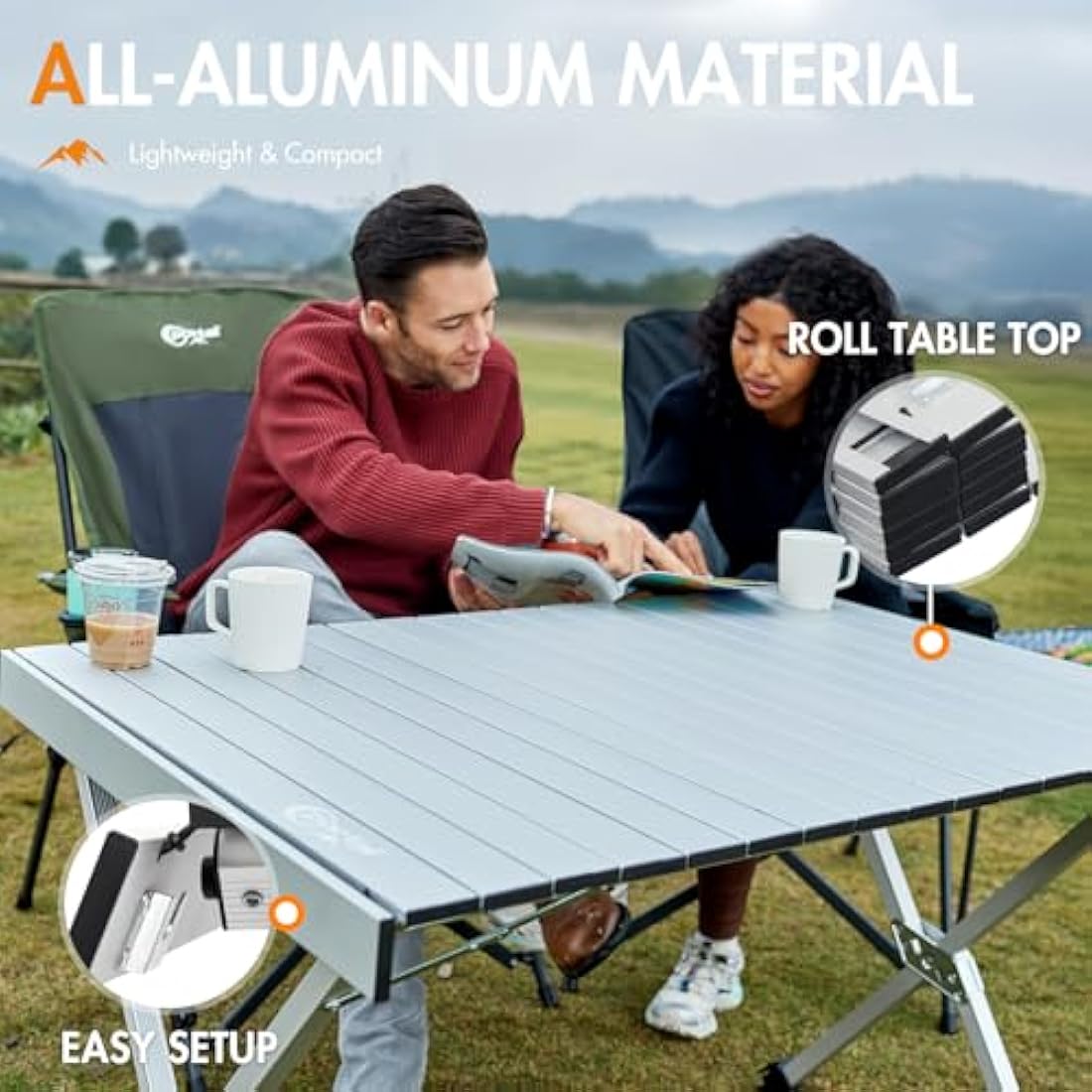 PORTAL Large Camping Table Folding 108x71cm Height Adjustable Picnic Table Foldable All Aluminum Roll Up Top Collapsible Outdoor Desk Lightweight Garden Table Load 100KG for Caravan BBQ Dining Beach