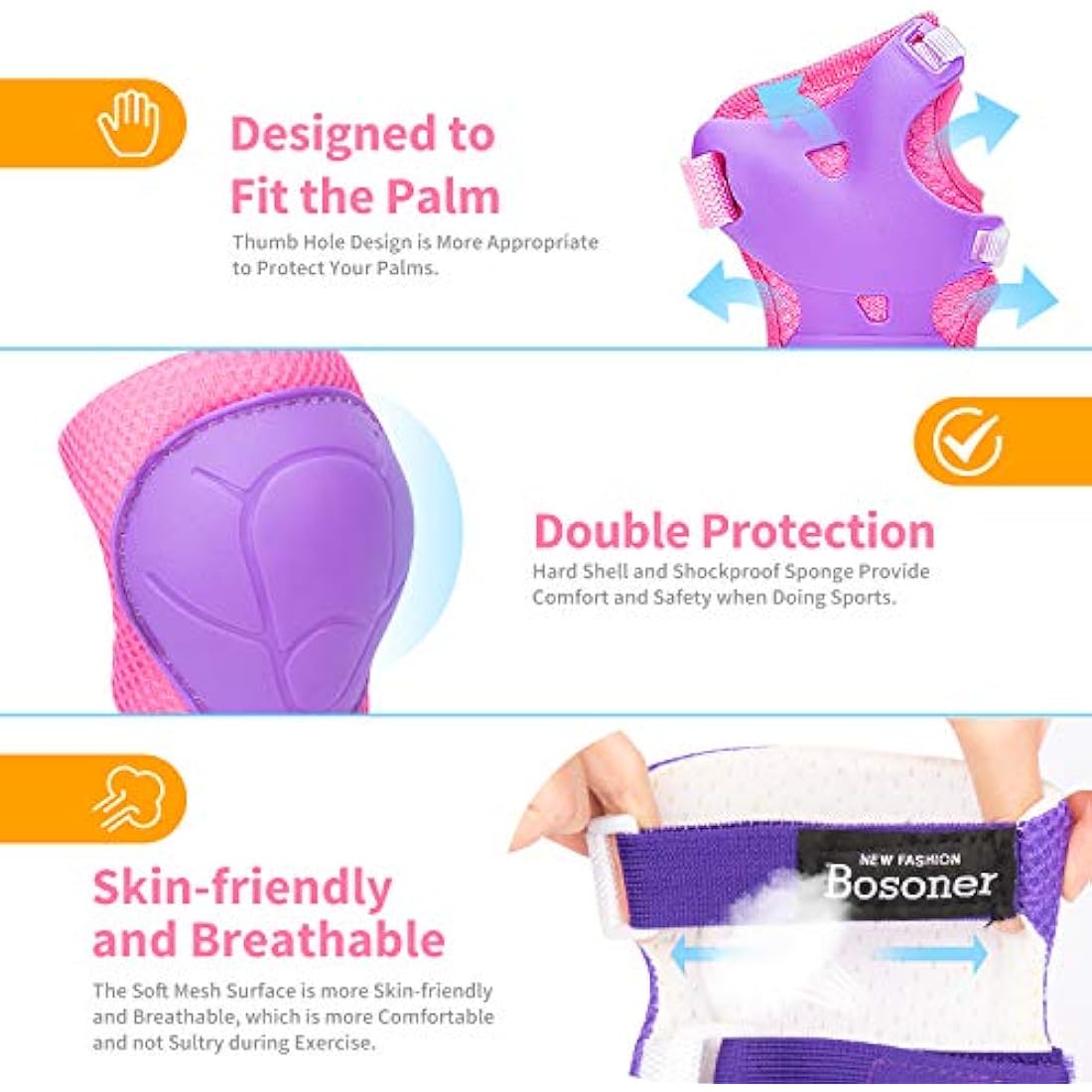 RUNDONG Kids/Youth Knee Pads Elbow Pads Wrist Guards 3 in 1 Protective Gear Set for Child Roller Skates, Cycling, Inline Skating, Scooter Skateboard, BMX Bike, Riding, and Multiple Outdoor Sports