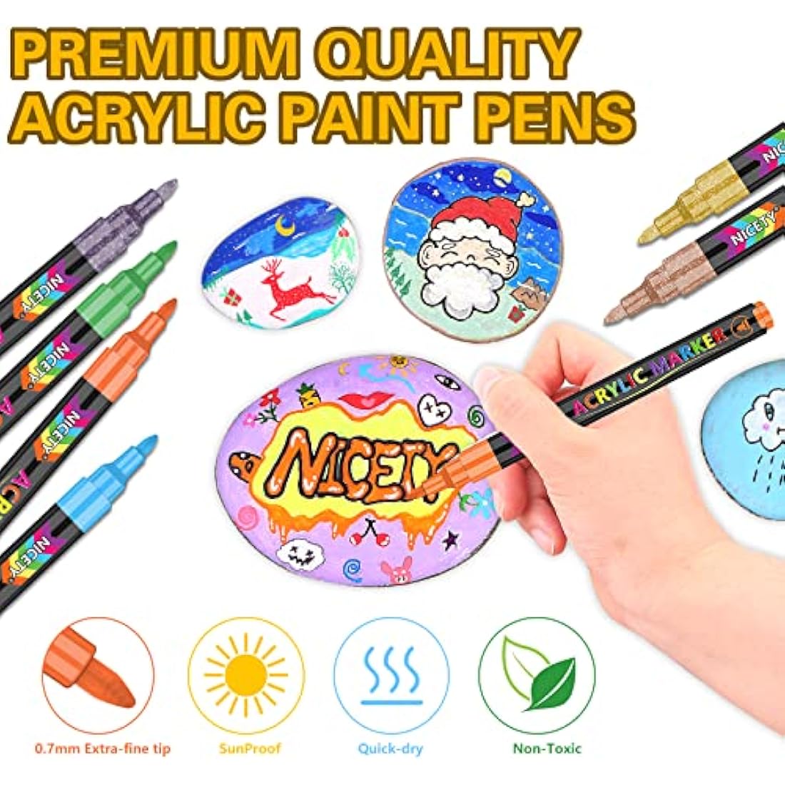 NICETY Acrylic Paint Pens Set - 72 Colours Paint Markers for Rock Painting Stone Glass Ceramic Wood Metal Fabric - 0.7mm Extra Fine Tip Water Based Acrylic Markers for Adults
