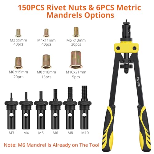 Proster Rivet Nut Gun 14" Rivet Nut Tool with 150Pcs M3 M4 M5 M6 M8 M10 Rivet Nuts 6Pcs Metric Mandrels Heavy Duty Hand RIV Nut Gun Thread Setter Kit Yellow