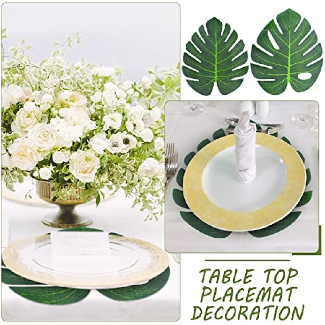 Bubuyun 48Pcs Artificial Tropical Palm Leaves Monstera Leaves Decorations Palm Monstera Leaves for Hawaiian Faux Monstera Leaves Stems Jungle Beach Theme Party Table Leave Decorations (4 Sizes)