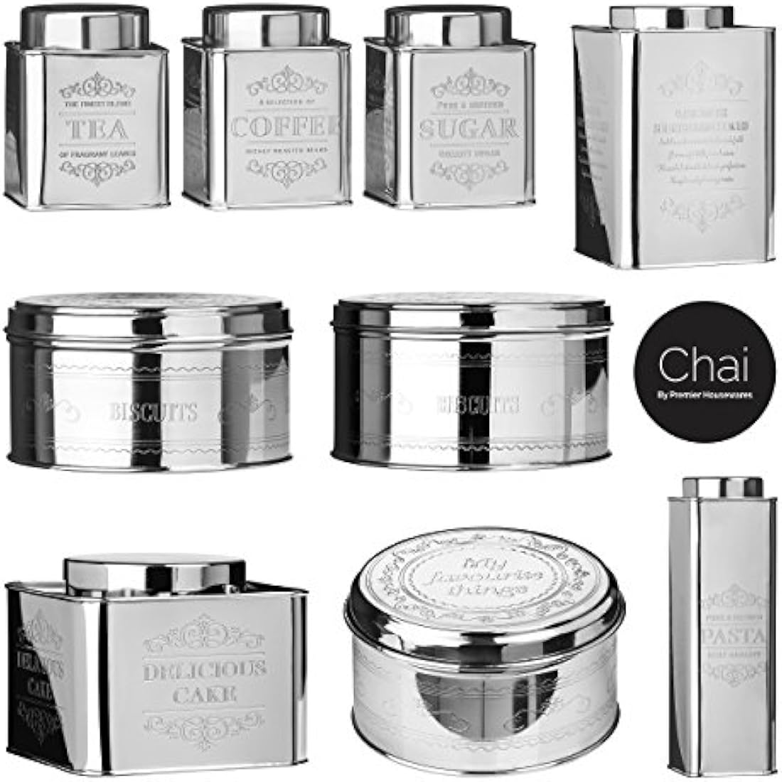 Premier Housewares Coffee Tea Sugar Set Stainless Steel Sugar Tea And Coffee Containers Grey Tea Coffee And Sugar Canisters Set Set of Three 12x10x10, Silver