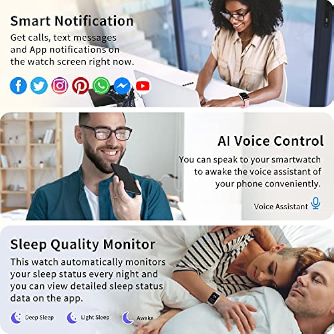 Popglory Smart Watch for Women Men Answer/Make Calls, 1.85" Smartwatch 44mm 2 Straps & Split Screen, 100+ Sports Fitness Watch with Blood Pressure/Oxygen/Heart Rate Monitor for iOS and Android