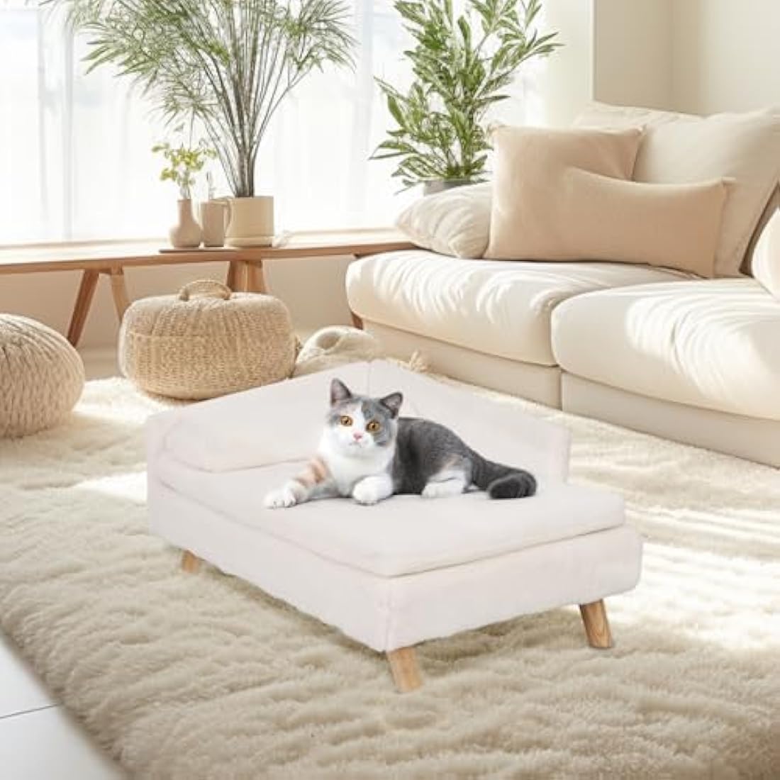BingoPaw Elevated Dog Sofa Bed: L Shaped Raised Dog Lounger Couch with Durable Wooden Legs - Nordic Plush Fur Pet Chair Bed with Soft Removable Cushion Mat and Pillow M(70x40cm