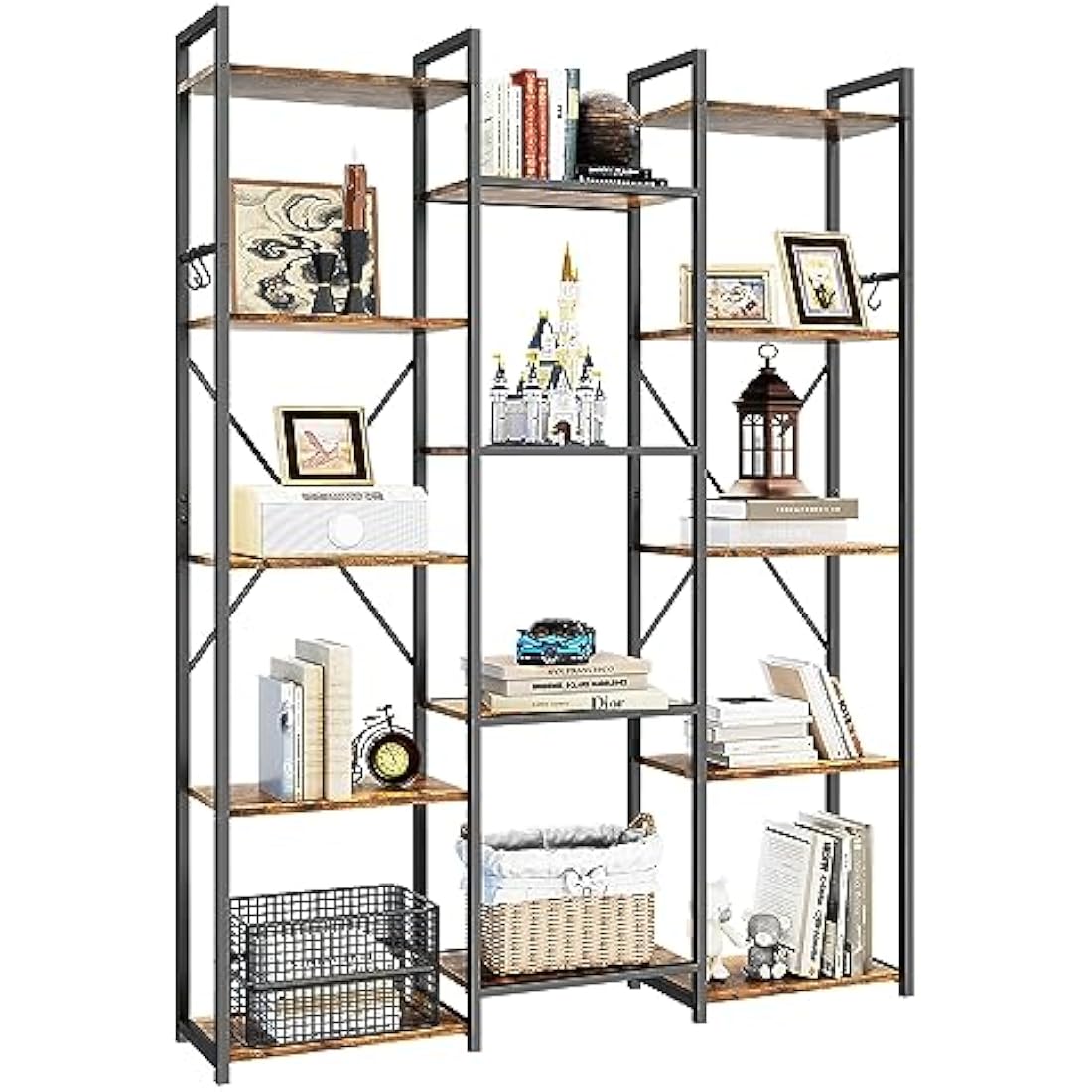YITAHOME Bookcase, Floor Standing Book shelf with 14 Shelves and Hooks Tall Shelving Unit Display Storage Rack with Stable Metal Frame for Living Room, Home Office, Rustic Brown Bookshelf