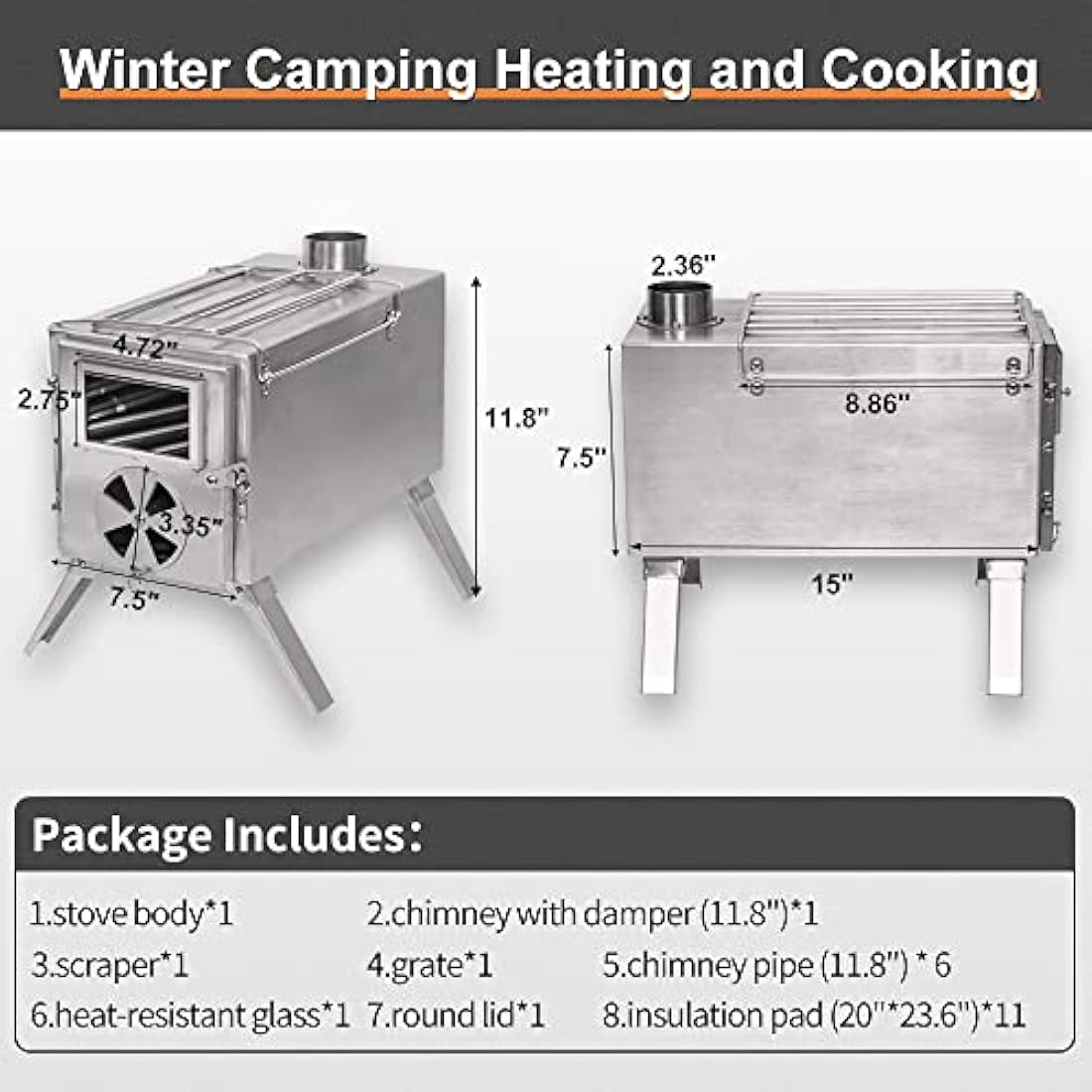 TOMOUNT Tent Stove Wood Burning Stove, Portable Compact Stainless Steel Camping Cookware with Chimneys High Temperature Resistant, Camp Stove for Tents, Lodging and Hiking