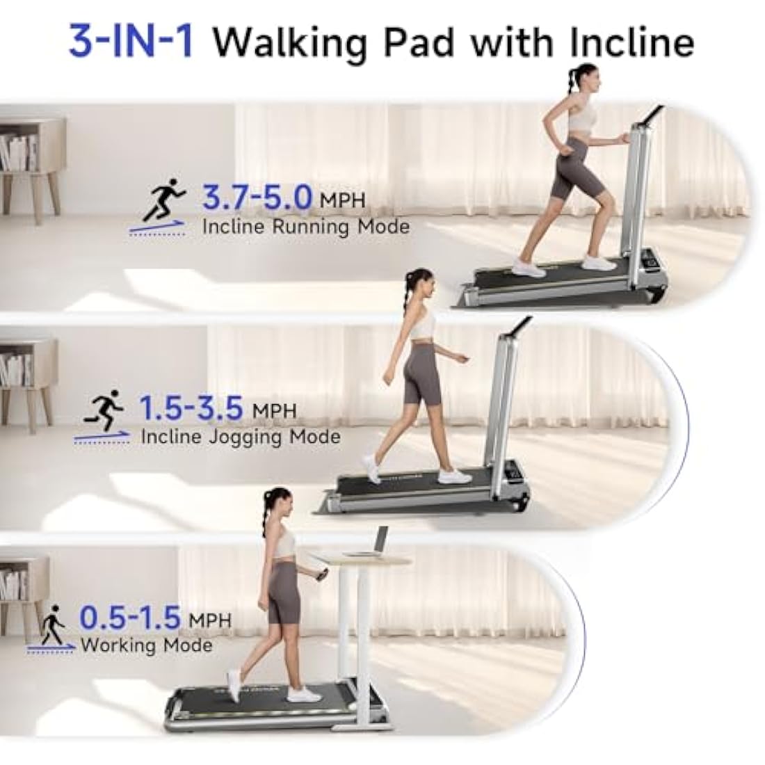 YPOO Walking Pad with Incline 3 in 1 Walking Pad with Handle 3 Level Incline, Portable Folding Treadmills for Home Foldable 300lbs Under Desk Treadmill LED Display Remote Control & APP