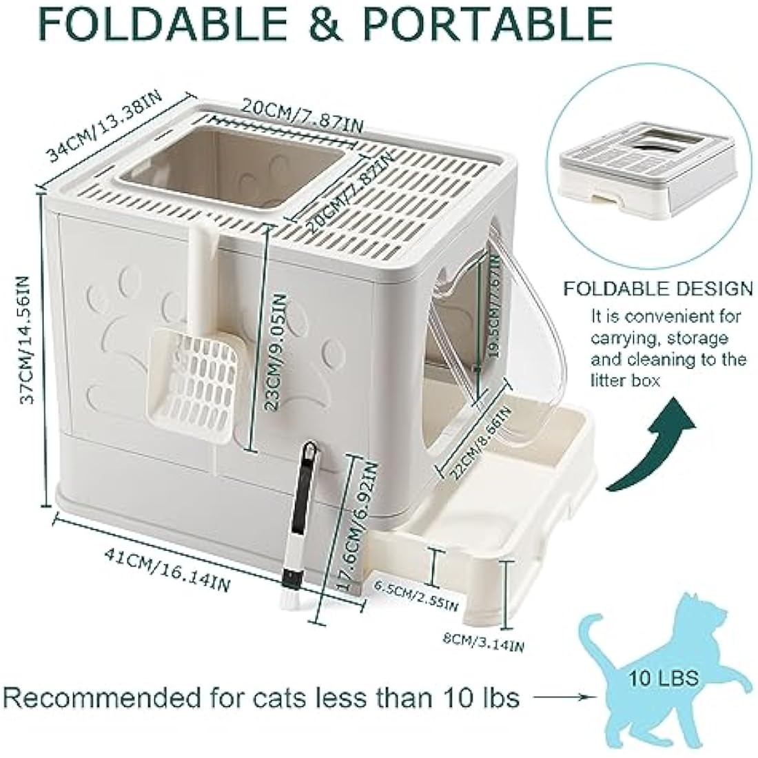 Pawsayes Cat Litter Tray Litter box with Lid for Medium and Small Cats, Foldable Top Entry Kitten Litter Box with Drawer Pan and Scoop