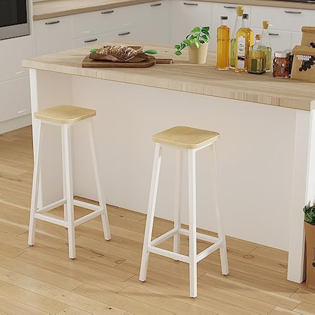 YMYNY Bar Stools Square Base Set of 2, Tall Breakfast Bar Stools with Footrest for Kitchen, Industrial Style, for Dining Room, Party Room, 29.5 x 29.5 x 70CM, Natural & White HBS511R