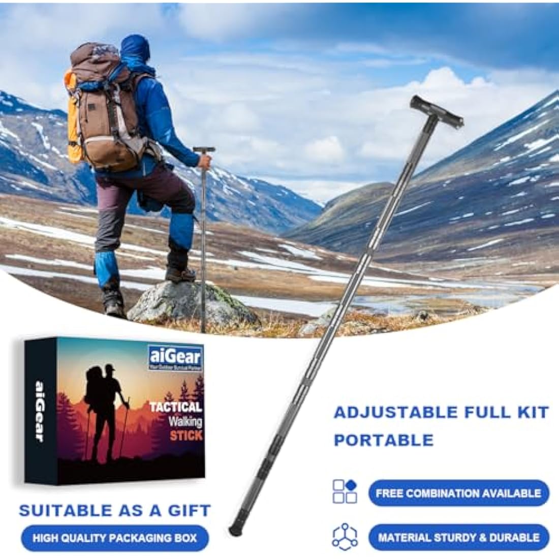 aiGear Tactical Stick/Hiking Walking Trekking Poles | CNC Machined Aluminum Tactical Cane - Adjustable Length | For Hiking Camping Mountaining Backpacking | Color Gray