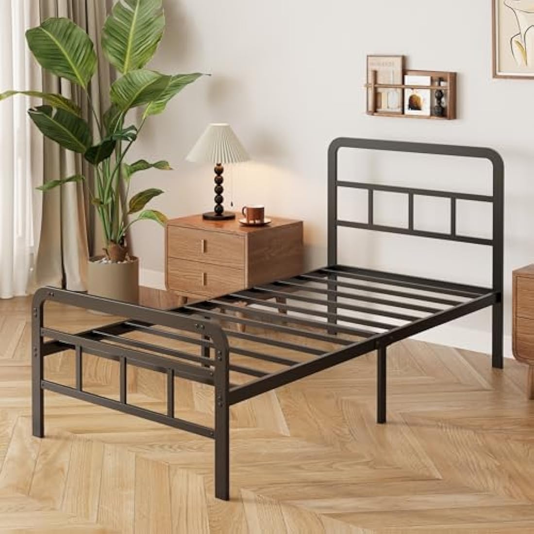 Yicensen Small Single Bed Frame with Curved Headboard and Footboard 75x190 cm, Black Single Platform Bed with Heavy Metal Slats for Stable Support, No Box Spring Needed, Noise Free, Easy Assembly