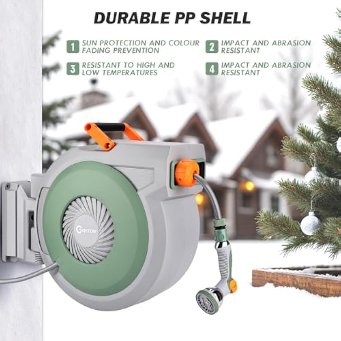Retractable Garden Hose Reel 38m+2m, Wall Mounted Hose Reel,Heavy Duty Hose Pipe Reel with 10 Pattern Hose Nozzle, Auto Lock and Auto Rewind, Lock at Any Length,180°Swivel Bracket