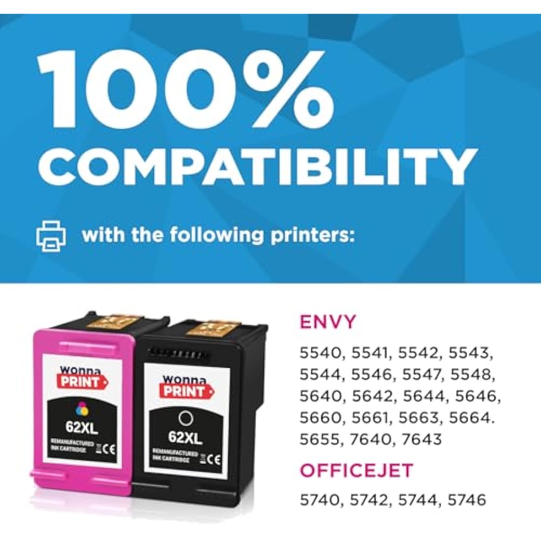WonnaPrint 62XL Ink Cartridges Replacement for HP 62 62 XL Black and Colour for HP Envy 5540 5541 5544 5546 5644 5541 5542 5640 5646 OfficeJet 250 5740 5742