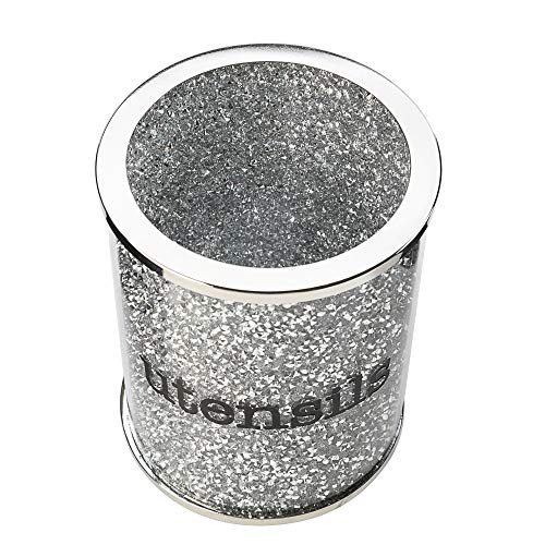 Crystal Utensil Holders Sparkle Crushed Diamond Filled Silver Metal Frame Round Cylinder 6.3 Inches Height Gift Box