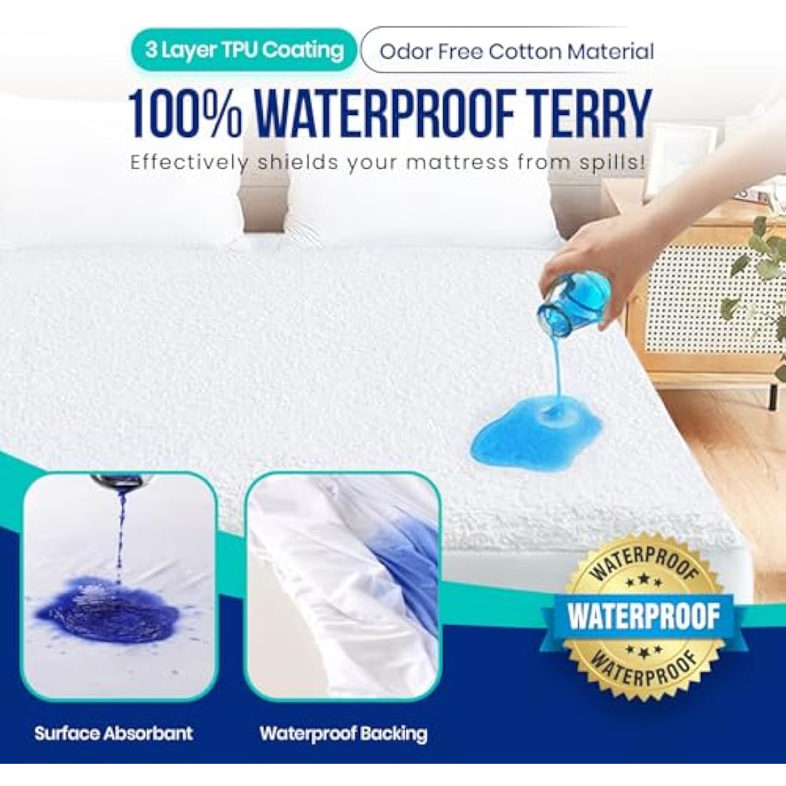 Sunshine Comforts Waterproof Mattress Protector Single 30cm Extra Deep Fitted Skirt - Terry Towel Mattress Protector - Hypoallergenic and Noiseless Mattress Cover With All Around Elastic (90 x 190cm)