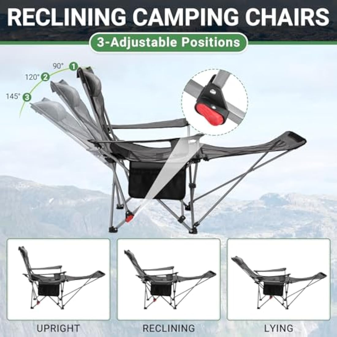 #WEJOY Camping Chairs Folding Recliner Chair Adjustable with Detachable Footrest Headrest Cup Holder Portable Reclining Camp Chair Fold Up Chair for Outdoor Beach Garden,Grey black Set of 2