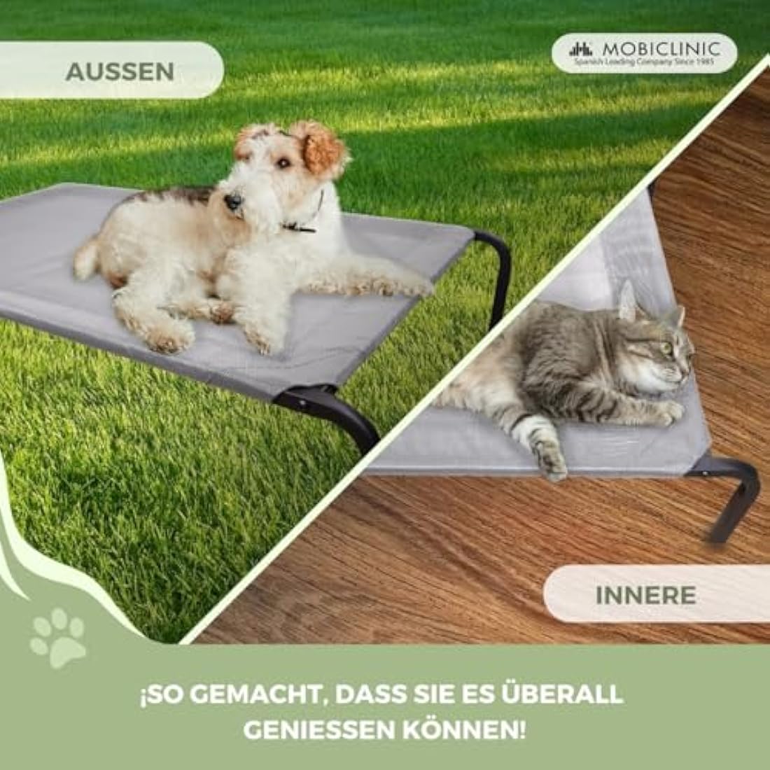 Mobiclinic®, Elevated Dog Bed, Cooling Breathable Elevated Pet Bed, 122x71x21cm, Pet Cot Elevated, Indoor and Outdoor, Easy to Clean, Dog Bed, Insulating, Tool-Free Assembly, Cleo, Max. 60 kg, Grey