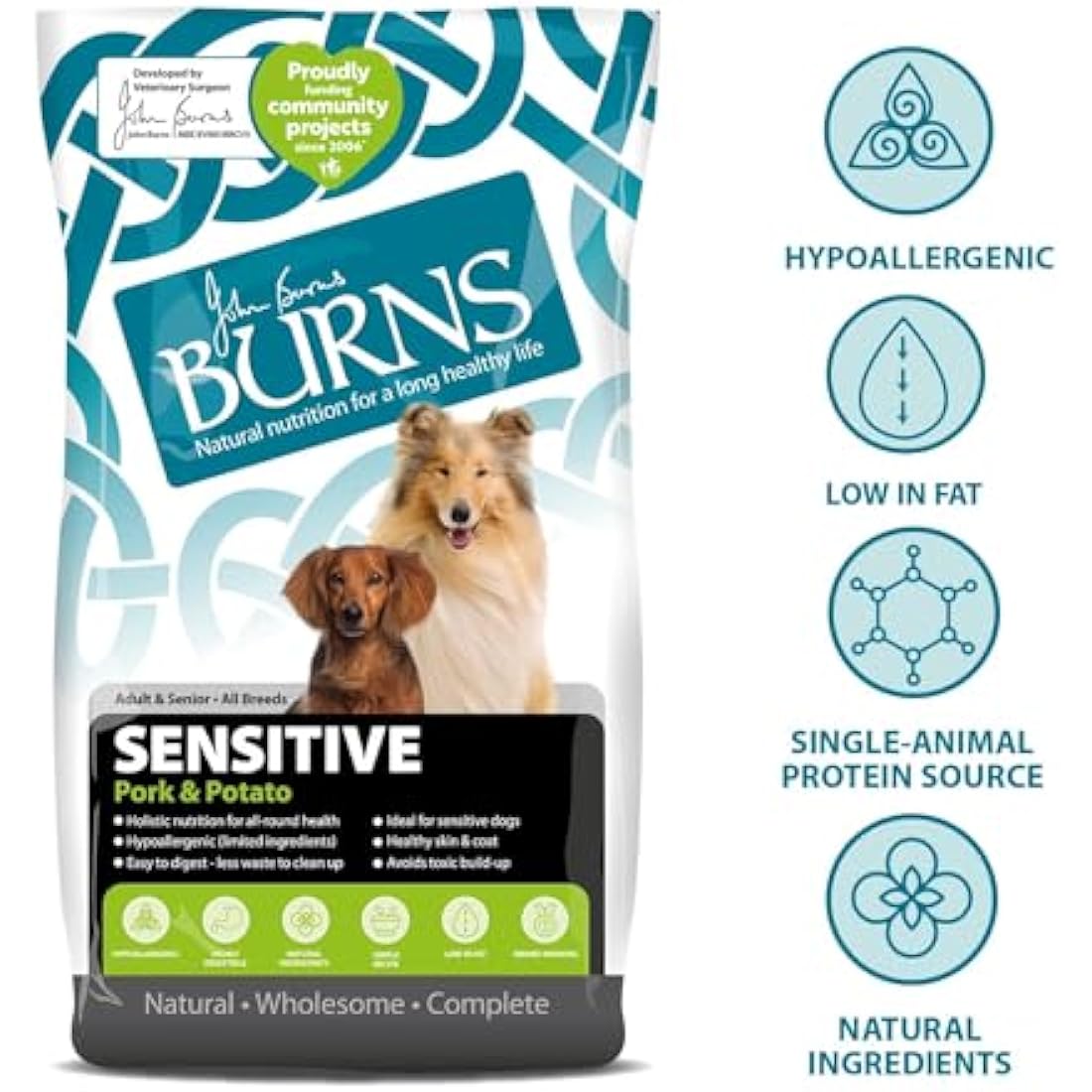 Burns Pet Nutrition Hypoallergenic Complete Dry Dog Food Adult and Senior Dog Sensitive with Pork and Potato 12 kg