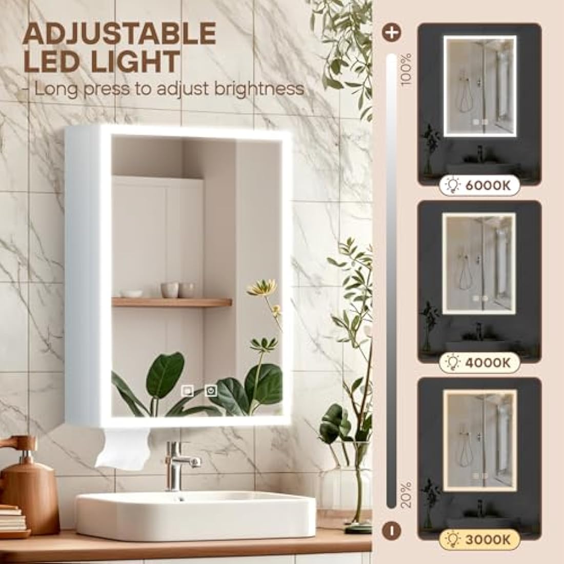 Tianqinuk Bathroom Mirror Cabinets Wall Mounted - Dimmable Mirror Cabinet with LED Lights - Bathroom Cabinets with Anti Fog Memory Function - Adjustable Shelves, Touch Sensor, Concealed Storage