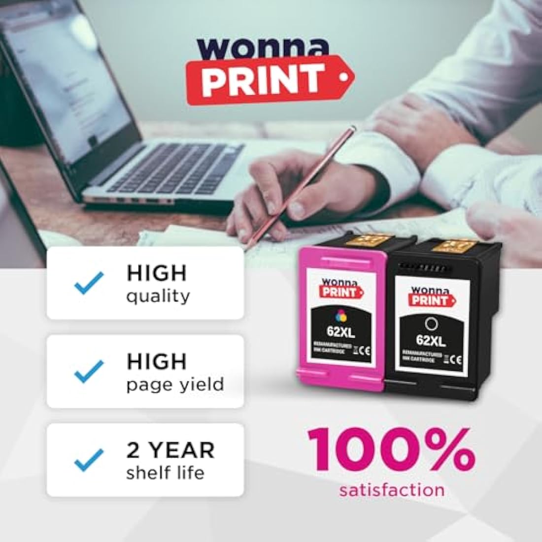 WonnaPrint 62XL Ink Cartridges Replacement for HP 62 62 XL Black and Colour for HP Envy 5540 5541 5544 5546 5644 5541 5542 5640 5646 OfficeJet 250 5740 5742