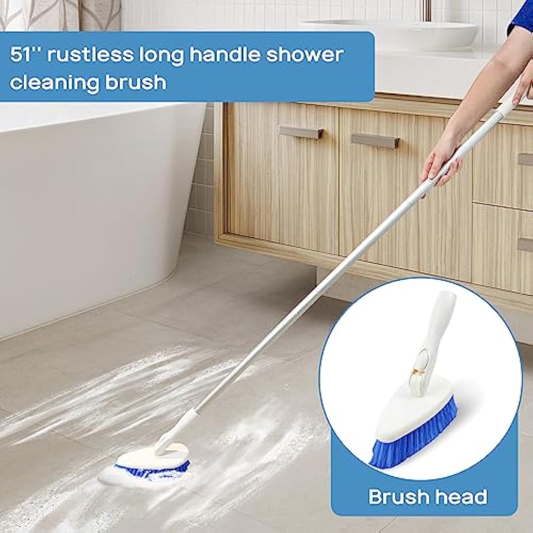 Qaestfy Shower Cleaning Brush and Scrubber Scourer Combo with 51'' Detachable Long Handle Tub and Tile Shower Bathroom Cleaner Scrubber Brush Cleaning Tools for Shower Bath Bathtub Tub Cleaning