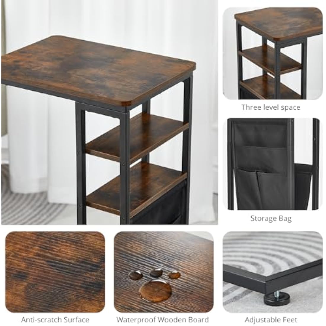 ZEXVIDA C Shaped Side Table, 3 Tier Sofa End Tables with Storage Bag, Sturdy Slide Under Sofa Slim Side Tables with Metal Frame for Small Spaces, Living Room, Bedroom, Industrial (Rustic Brown)