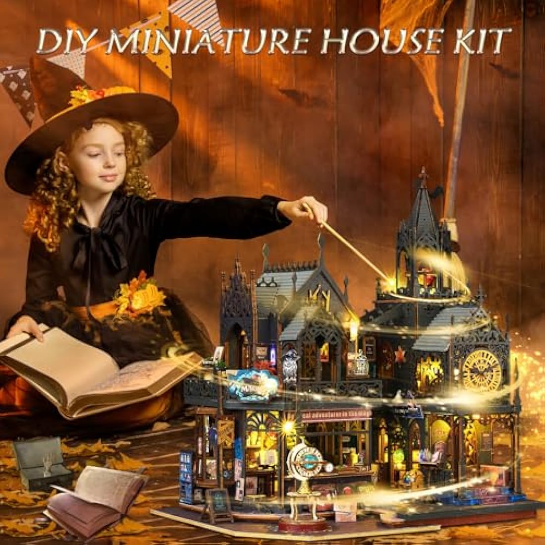 Mostop DIY Miniature Dollhouse Kit, Wooden Dollhouse Kit Miniature House Kit with LED Light,Creative Room Idea for Kids/Adults Magic House DIY Kits (Holo Magic City 2)
