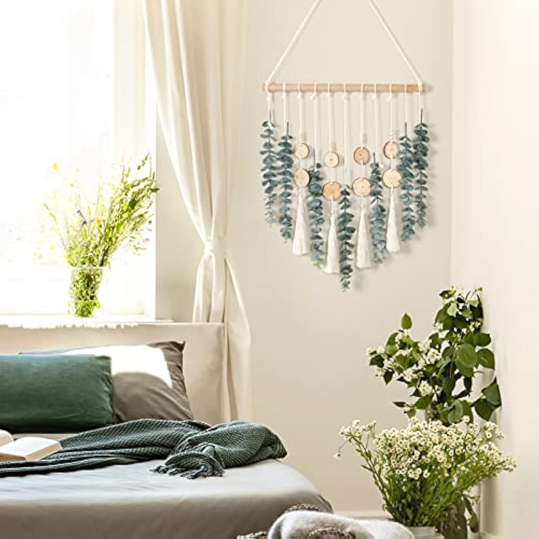 Weldomcor Artificial Eucalyptus Wall Hanging Decor Greenery Boho Chic Home Decorations Farmhouse Rustic Plants with Wooden Stick for Bedroom Living Room Apartment Ornament Gift (Green-3)