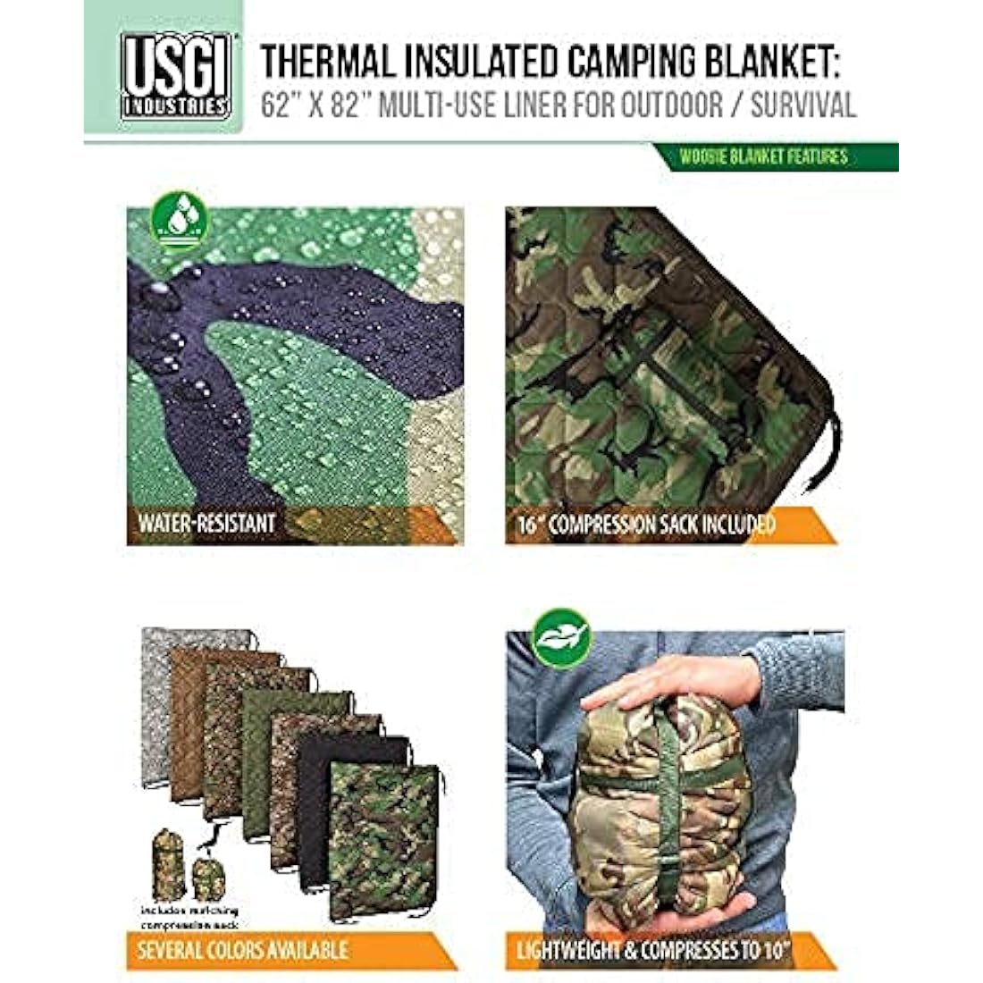 USGI Industries Military Woobie Blanket | Thermal Insulated Camping Blanket, Poncho Liner | Large, Portable, Insulation, Water-Resistant, for Hiking, Survival | Compression Carry Bag