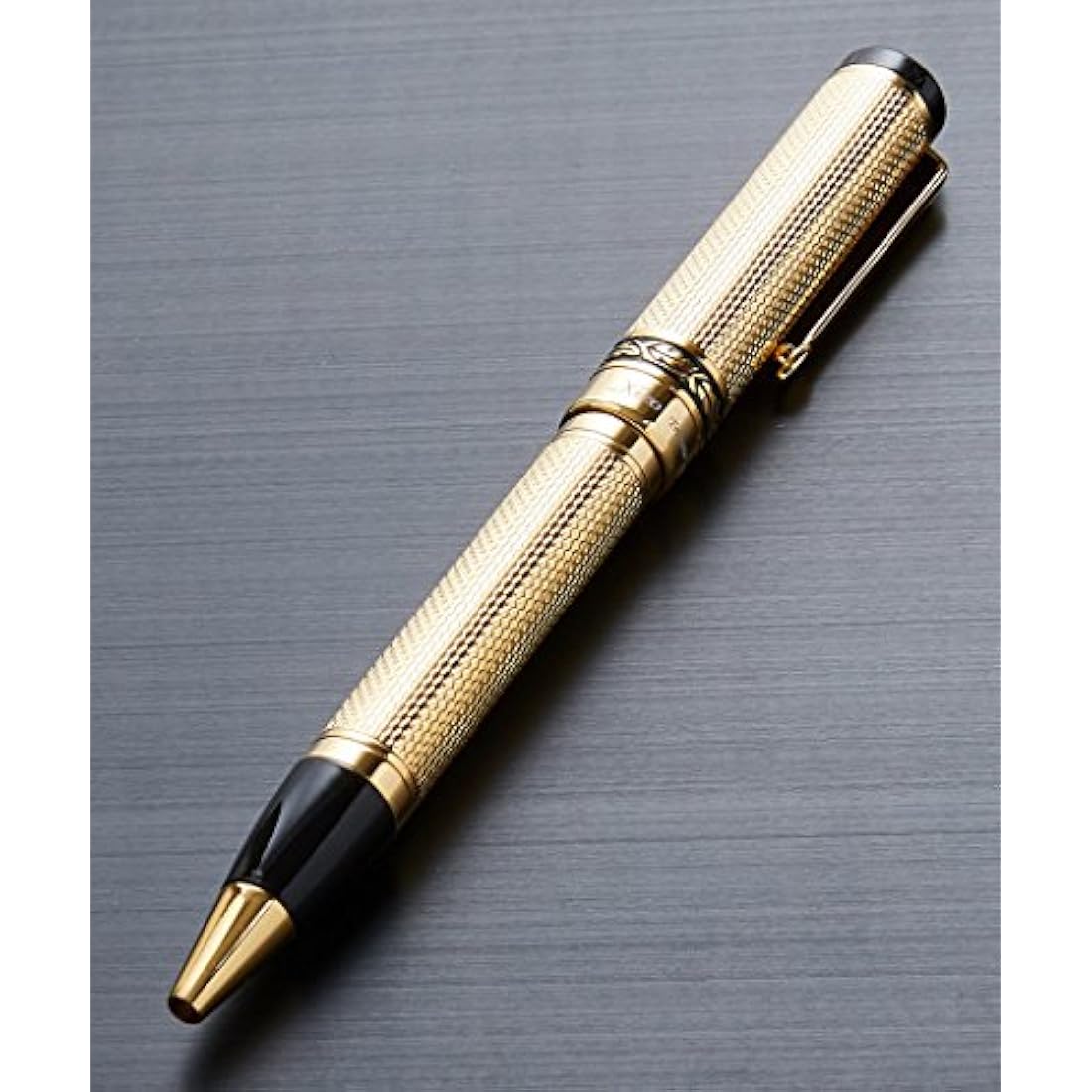 Xezo Tribune Twist Action Ballpoint Pen, 18 Karat Gold Plated Solid Brass. Hand Guilloche. Limited Edition, Serialized.