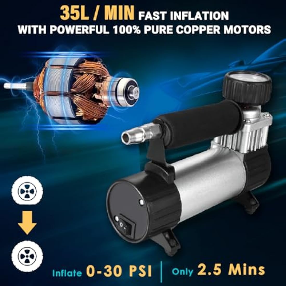 Twilight Garage Portable 12V 150PSI Heavy Duty Compressor Car Tyre Tire Air Inflator pump for Cars Vans Trucks Motorcycles and Other Inflatables