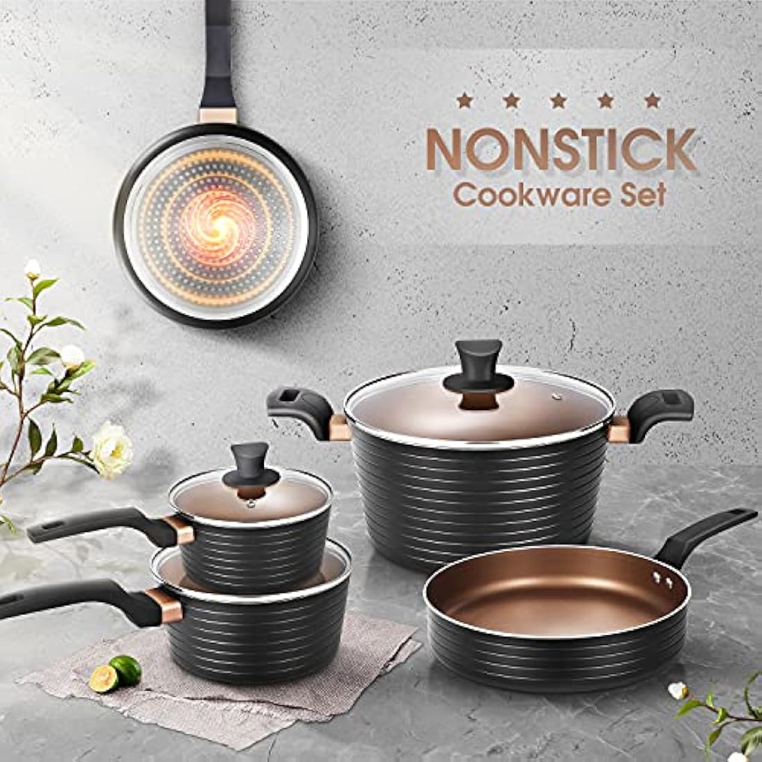Pots and Pans Sets, Nonstick Cookware Set 9 Pieces, Induction Pan Set, Chemical-Free Kitchen Sets, Saucepan, Frying Pan, Saute pan, Black1