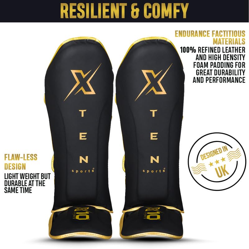 XTEN SPORTS Shin Guards Muay Thai, MMA, Gel Integrated Padding, Training Sparring, Boxing, Kickboxing, BJJ, Taekwondo Protective Gear, Golden, XL