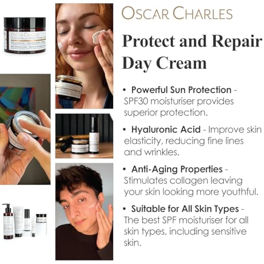 Oscar Charles Protect & Repair SPF Moisturiser Face Cream with Hyaluronic Acid + Vitamin C, SPF30, Best Moisturizer for Dry Skin & Skin firming Cream